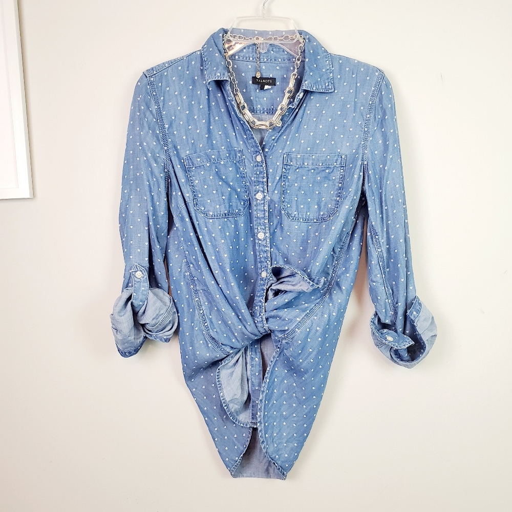Talbots Denim Button Down Top w/ Hearts Design